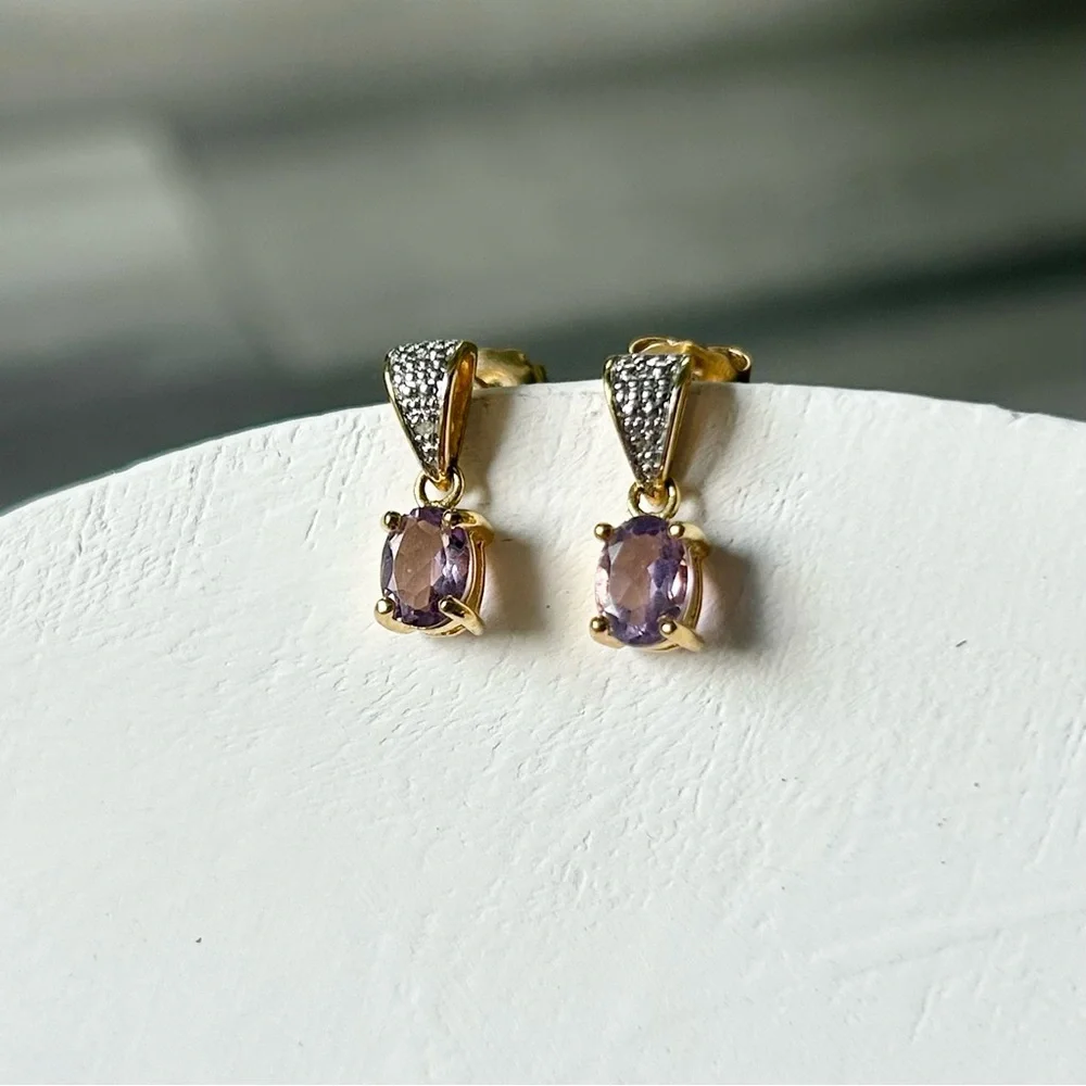 Vintage 1990s Avon Gold Tone Sterling Silver Amethyst Drop Post Earrings